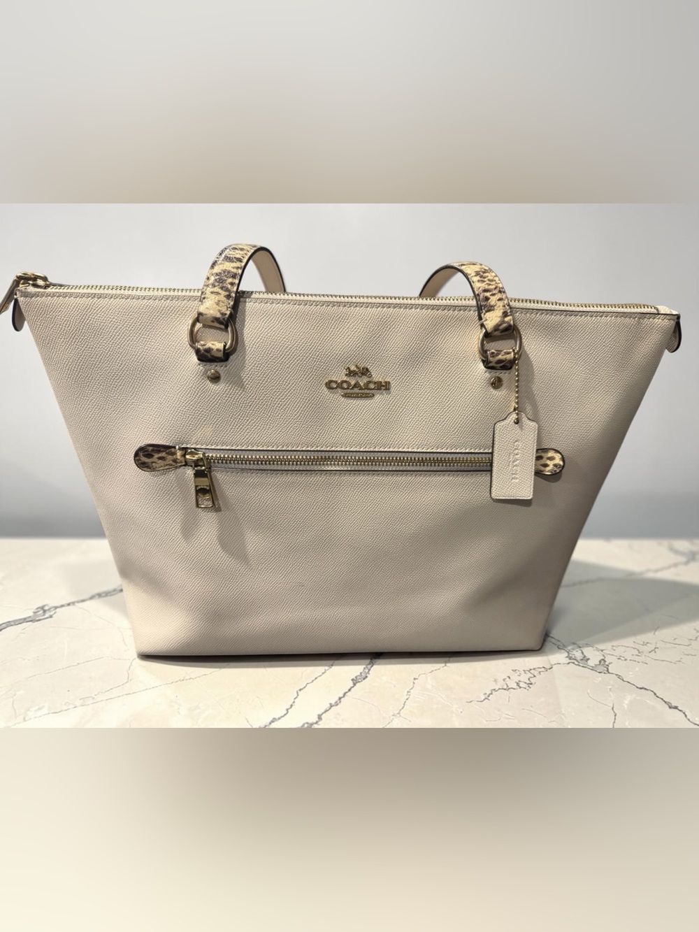 Coach Cream Leather Tote with Gold Logo Accent